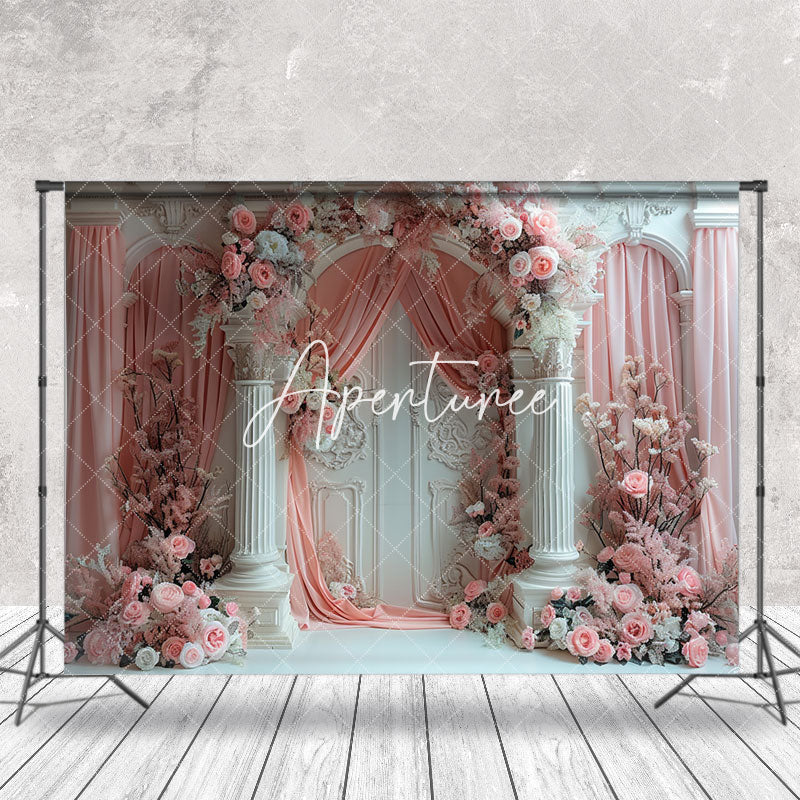 Aperturee - Pink Curtain Floral Luxury White Retro Wall Backdrop