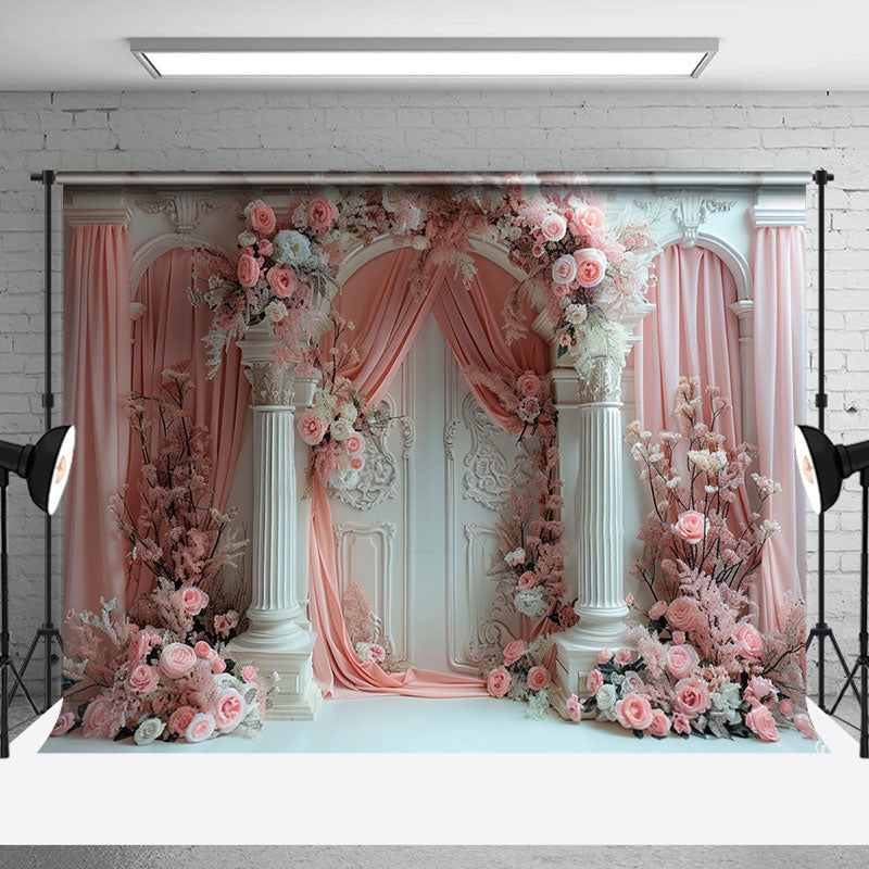 Aperturee - Pink Curtain Floral Luxury White Retro Wall Backdrop