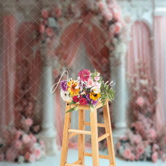 Aperturee - Pink Curtain Floral Luxury White Retro Wall Backdrop