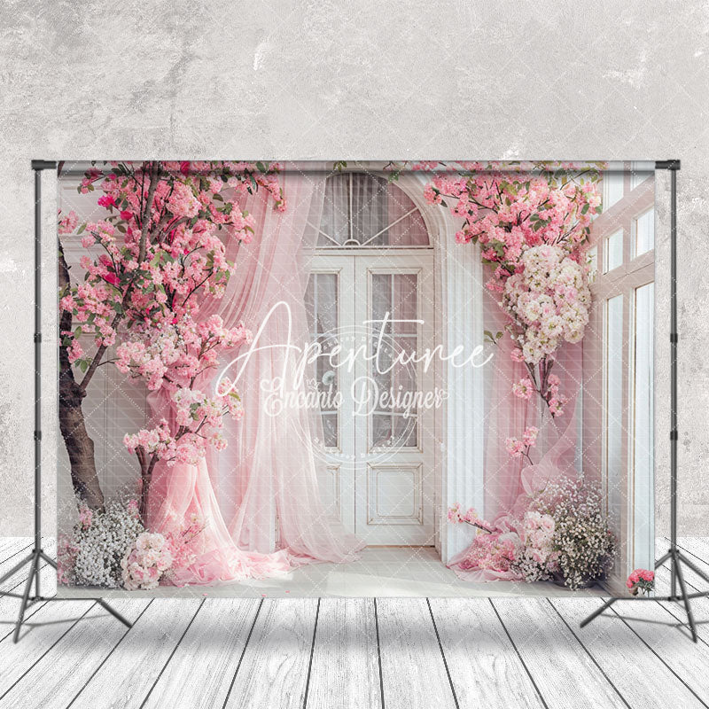 Aperturee - Pink Curtain White Arch Door Floral Wedding Backdrop