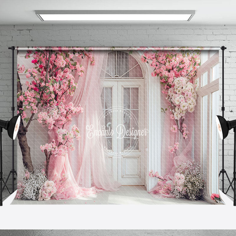 Aperturee - Pink Curtain White Arch Door Floral Wedding Backdrop