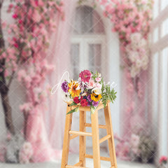 Aperturee - Pink Curtain White Arch Door Floral Wedding Backdrop