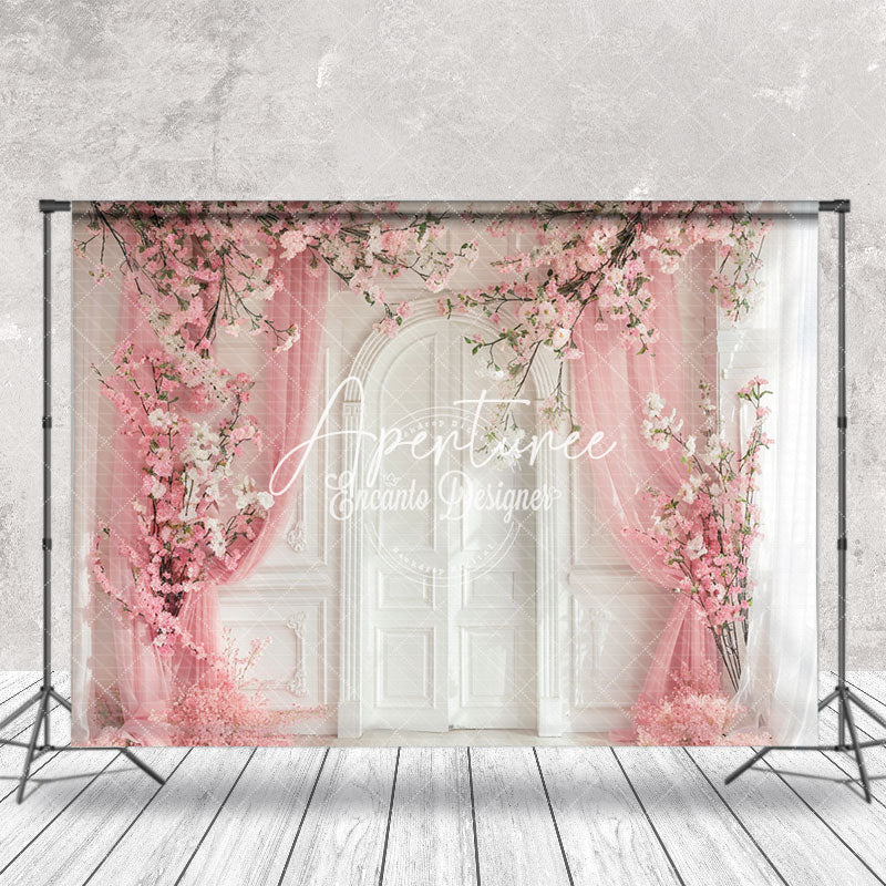 Aperturee - Pink Curtain White Retro Wall Floral Wedding Backdrop