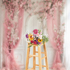 Aperturee - Pink Curtain White Retro Wall Floral Wedding Backdrop