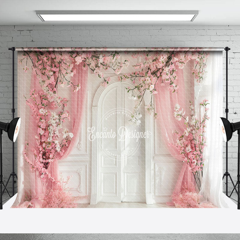 Aperturee - Pink Curtain White Retro Wall Floral Wedding Backdrop