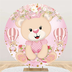 Aperturee - Pink Cute Bear Floral Round Baby Shower Backdrop