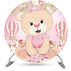 Aperturee - Pink Cute Bear Floral Round Baby Shower Backdrop