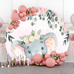 Aperturee - Pink Cute Elephant Floral Round Baby Shower Backdrop