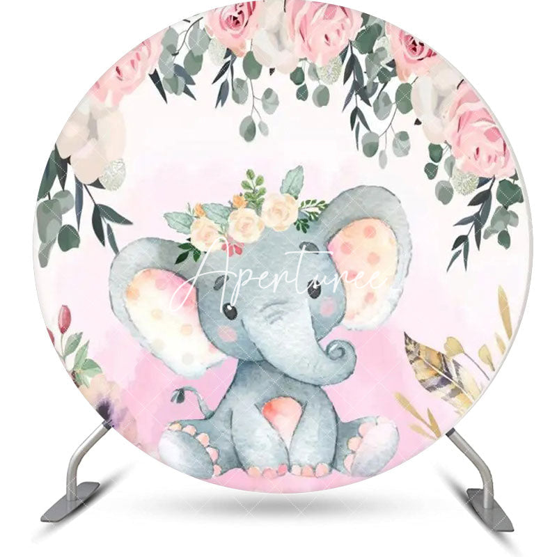 Aperturee - Pink Cute Elephant Floral Round Baby Shower Backdrop