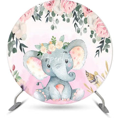 Aperturee - Pink Cute Elephant Floral Round Baby Shower Backdrop