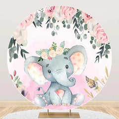 Aperturee - Pink Cute Elephant Floral Round Baby Shower Backdrop