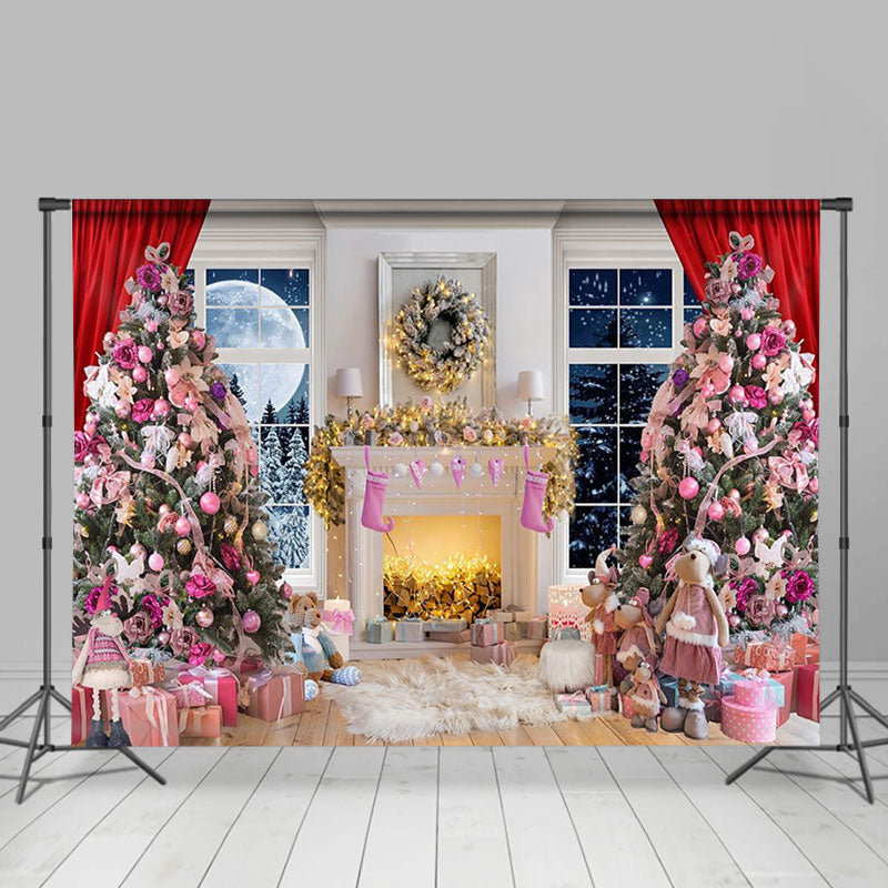 Aperturee - Pink Decorations Xmas Tree Gift Christmas Backdrop