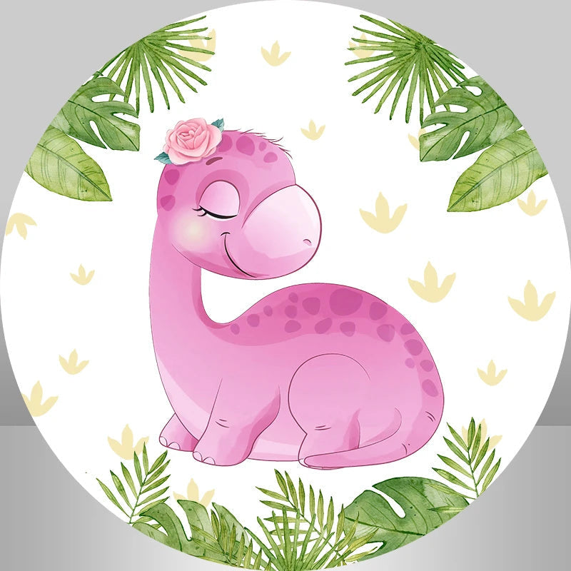 Aperturee - Pink Dinosaur Leaves Round Backdrop Kit For Girls