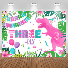 Aperturee - Pink Dinosaur Three Happy Birthday Backdrop For Girl