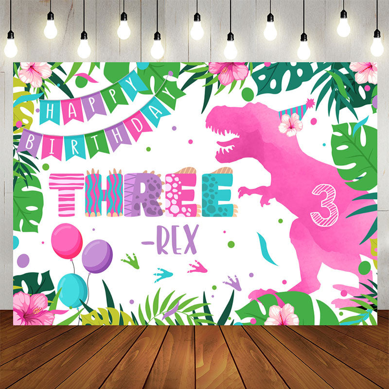 Aperturee - Pink Dinosaur Three Happy Birthday Backdrop For Girl