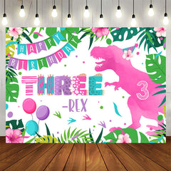 Aperturee - Pink Dinosaur Three Happy Birthday Backdrop For Girl