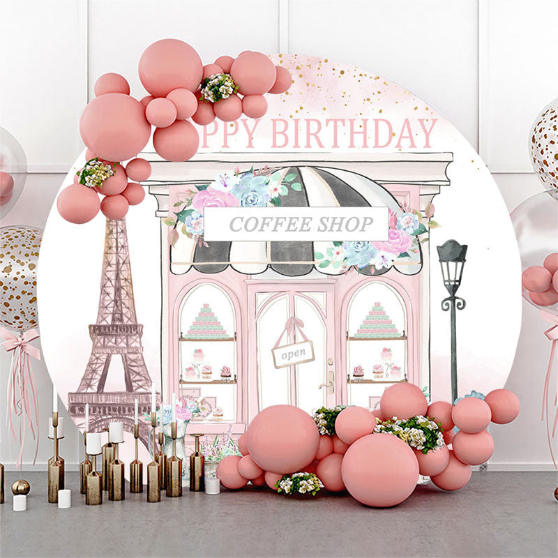 Aperturee - Pink Eiffel Flower Coffee Shop Birthday Backdrop