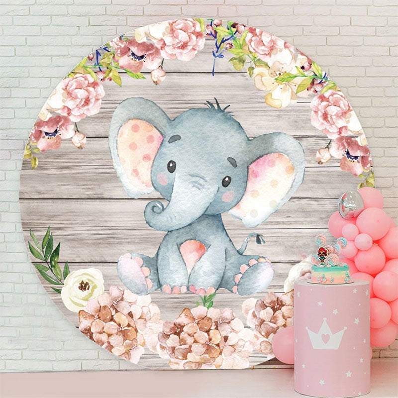 Aperturee - Pink Elephant And Floral Round Wood Baby Shower Backdrop