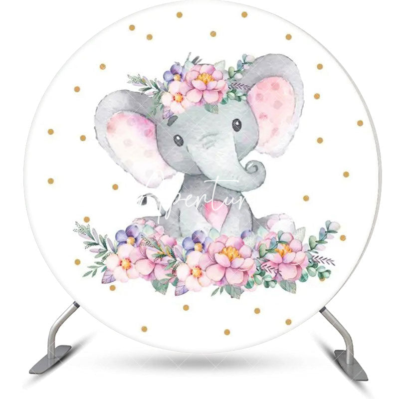 Aperturee - Pink Elephant Floral Dots Round Baby Shower Backdrop