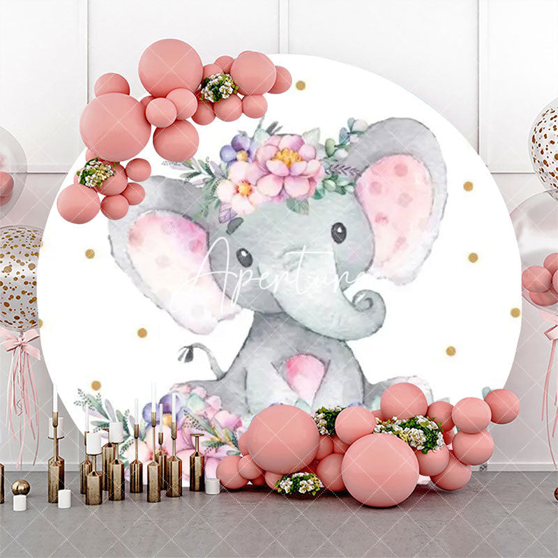 Aperturee - Pink Elephant Floral Dots Round Baby Shower Backdrop