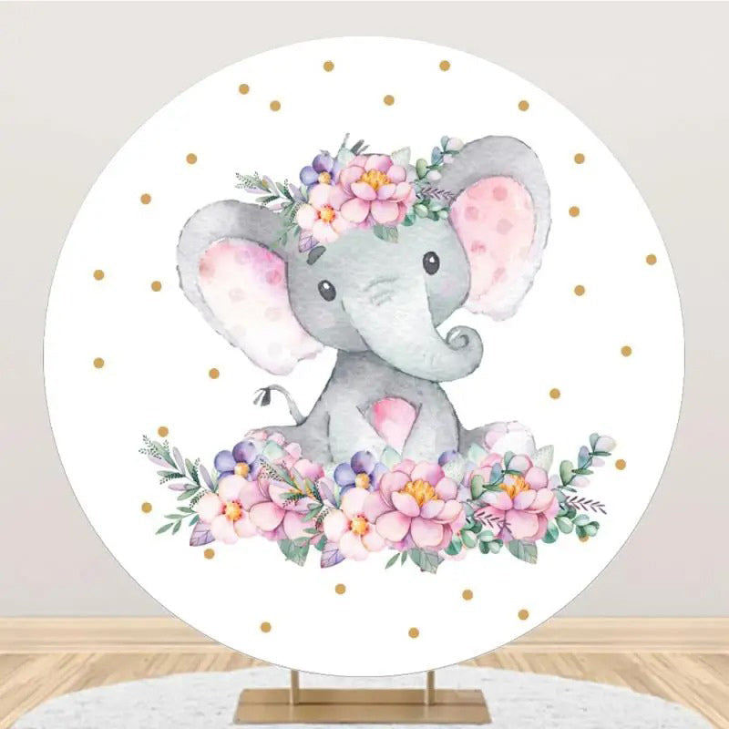 Aperturee - Pink Elephant Floral Dots Round Baby Shower Backdrop