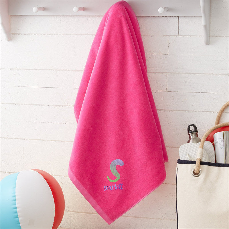 Aperturee - Pink Embroidered Ombre Initial Beach Towel