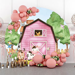 Aperturee Pink Farm Animals Brithday Round Backdrop Cover