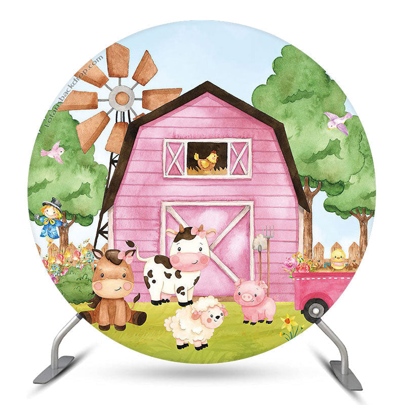 Aperturee Pink Farm Animals Brithday Round Backdrop Cover