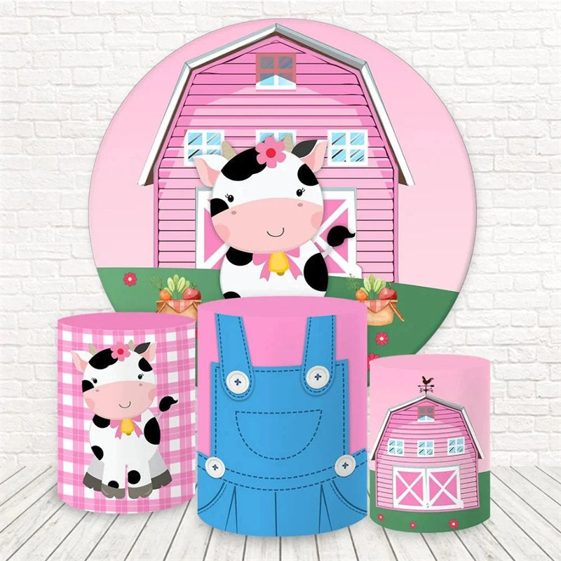 Aperturee Pink Farm Cute Cow Round Backdrop Kit For Baby Shower