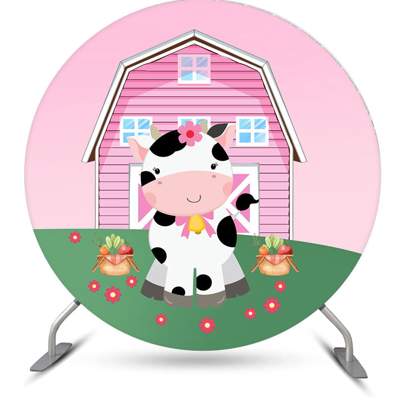 Aperturee - Pink Farm Cute Cow Round Backdrop Kit For Baby Shower