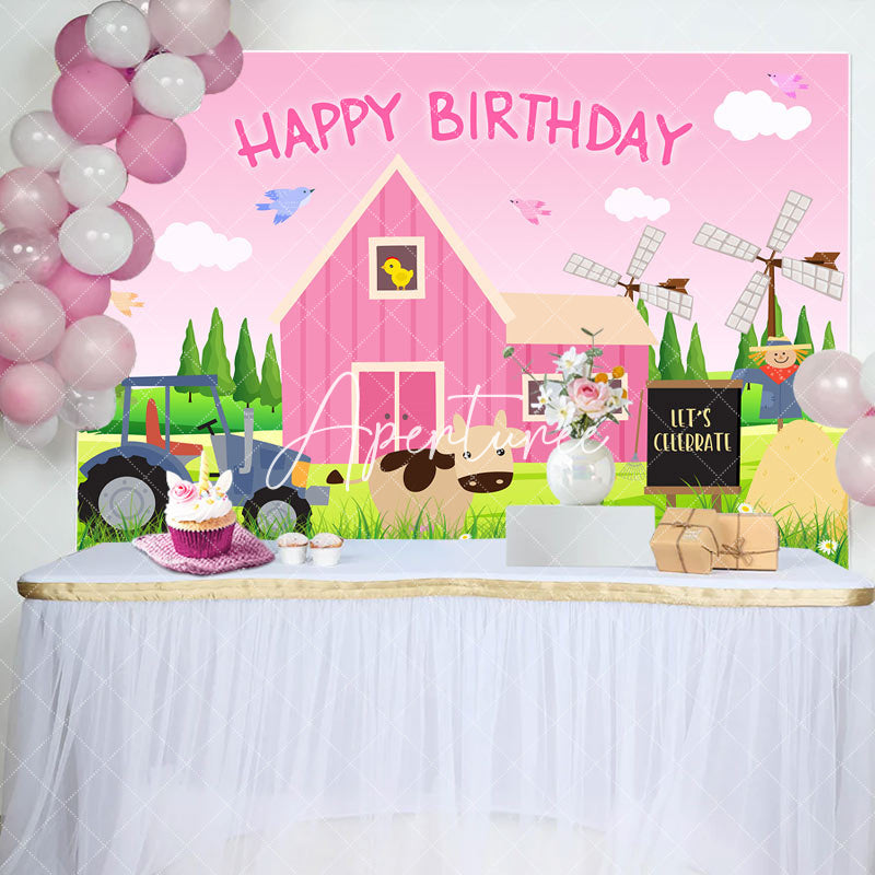 Aperturee - Pink Farm Sky Cow Windmill Grass Birthday Backdrop