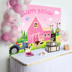 Aperturee - Pink Farm Sky Cow Windmill Grass Birthday Backdrop