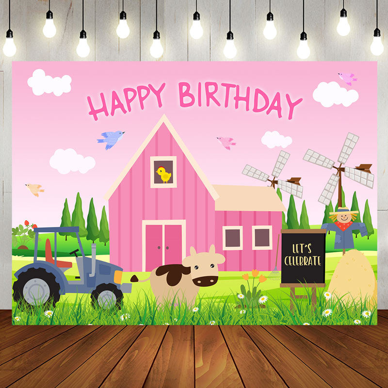 Aperturee - Pink Farm Sky Cow Windmill Grass Birthday Backdrop