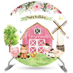 Aperturee Pink Farmhouse And Animals Round Happy Birthday Backdrop