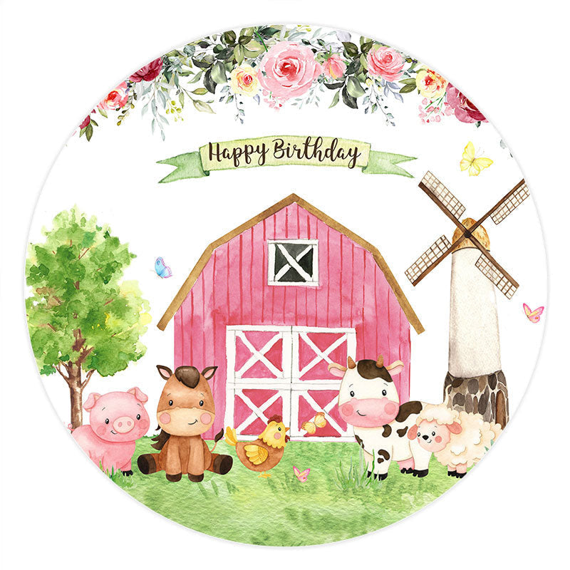 Aperturee Pink Farmhouse And Animals Round Happy Birthday Backdrop