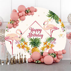 Aperturee Pink Flamingo And Floral Round Happy Birthday Backdrop