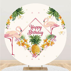 Aperturee Pink Flamingo And Floral Round Happy Birthday Backdrop