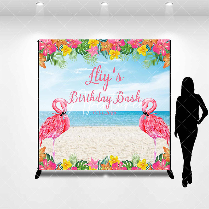 Aperturee - Pink Flamingo Floral Beach Custom Birthday Backdrop