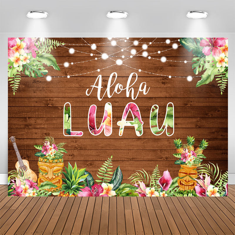 Aperturee - Pink Floral Aloha Luau Brown Wood Birthday Backdrop