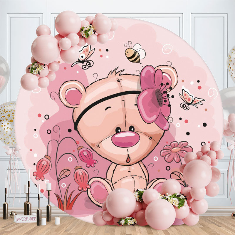 Aperturee - Pink Floral And Bear Round Baby Shower Backdrop