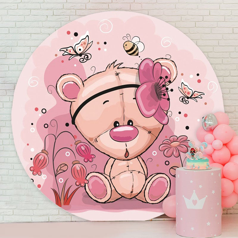 Aperturee - Pink Floral And Bear Round Baby Shower Backdrop