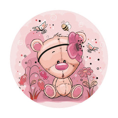 Aperturee - Pink Floral And Bear Round Baby Shower Backdrop