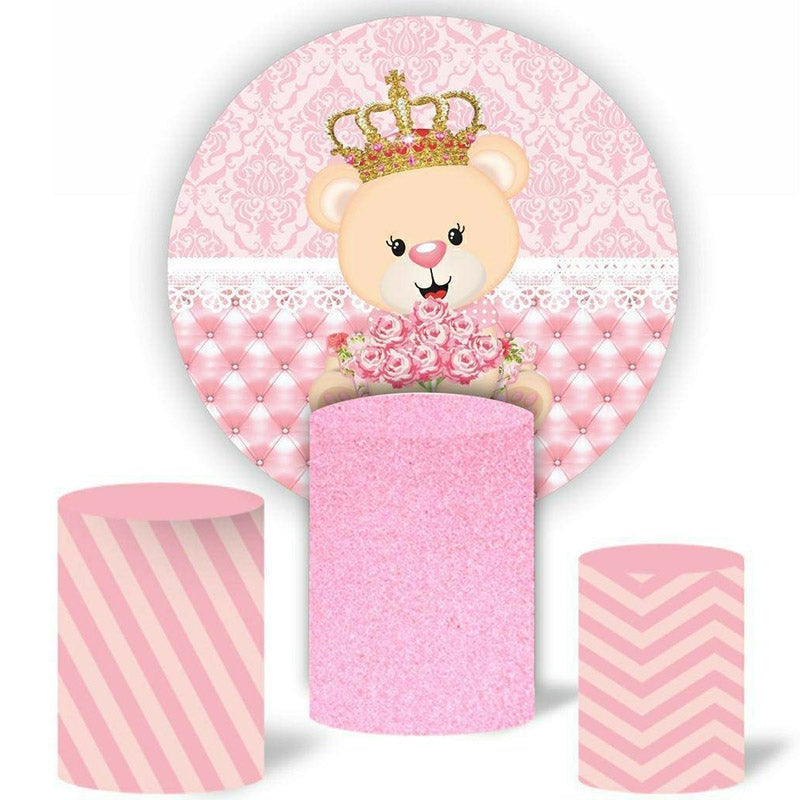 Aperturee Pink Floral And Bear Round Girls Birthday Backdrop Kit