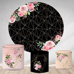 Aperturee Pink Floral And Black Abstract Round Birthday Backdrop Kit