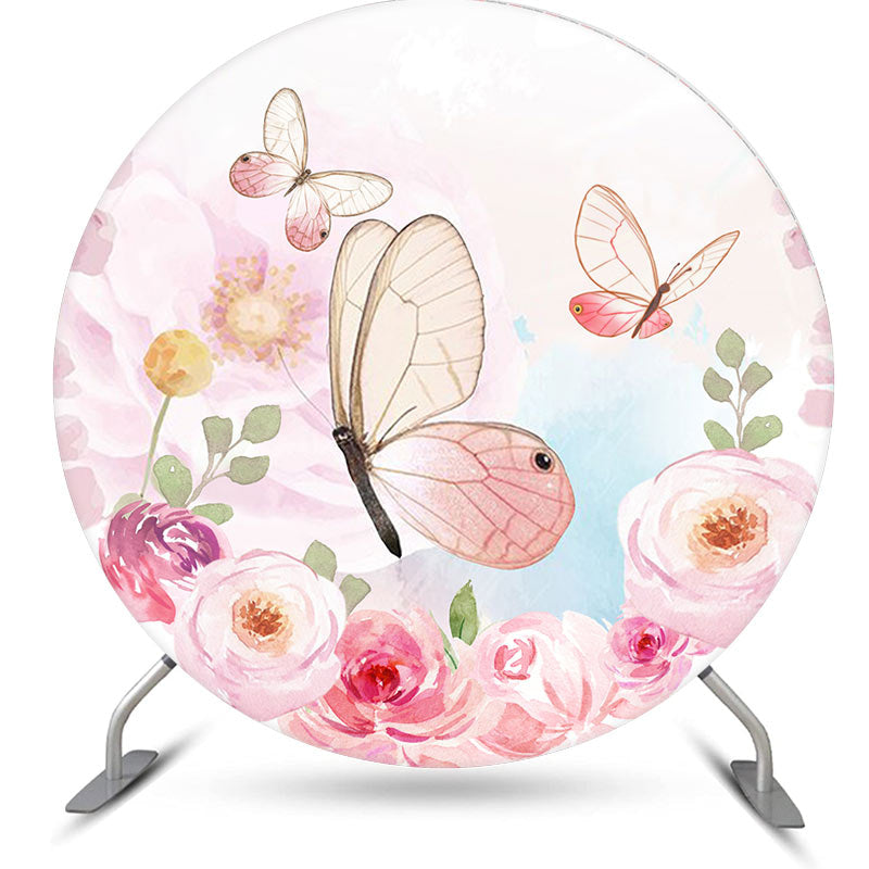 Aperturee - Pink Floral And Butterfly Round Birthday Backdrop Kit