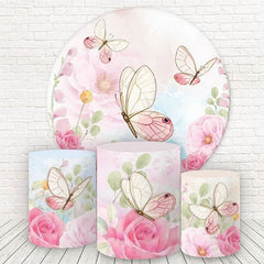 Aperturee Pink Floral And Butterfly Round Birthday Backdrop Kit