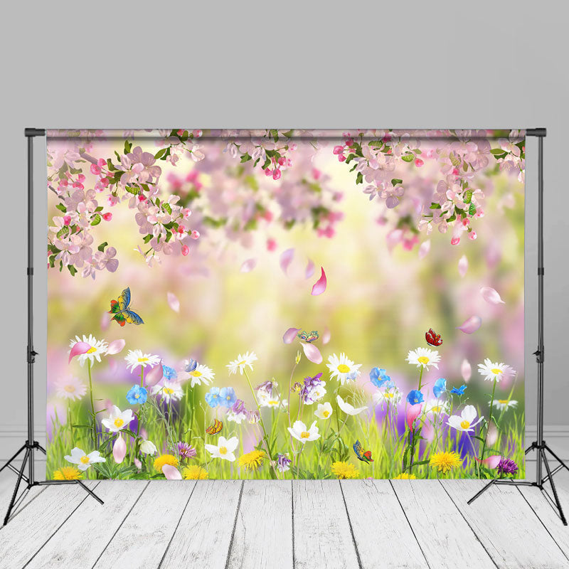 Aperturee - Pink Floral And Butterfly Warm Scene Spring Backdrop