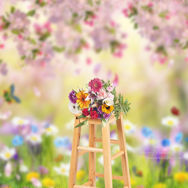 Aperturee - Pink Floral And Butterfly Warm Scene Spring Backdrop