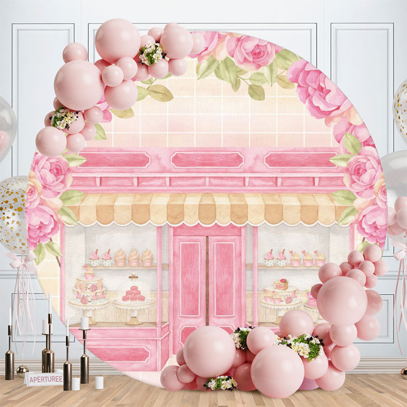 Aperturee - Pink Floral And Cake Shop Round Birthday Backdrop