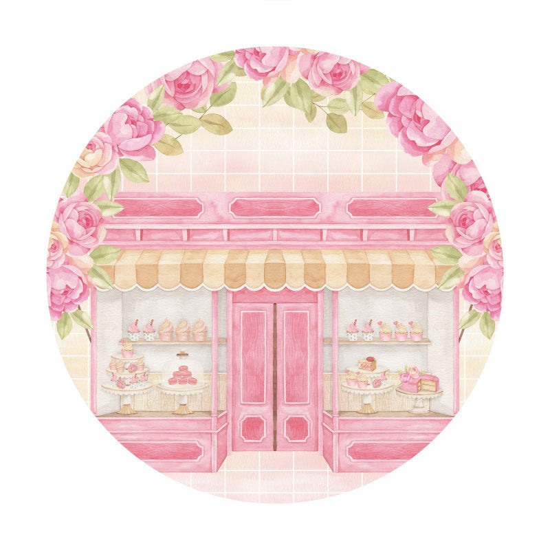 Aperturee - Pink Floral And Cake Shop Round Birthday Backdrop